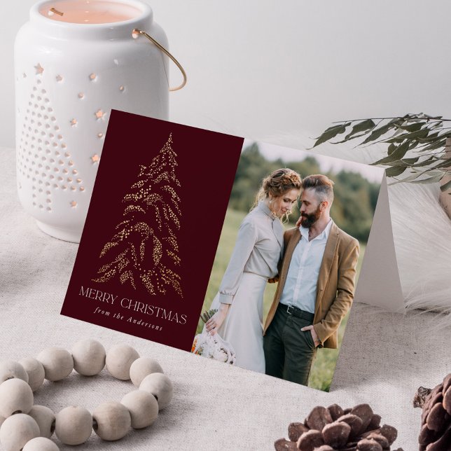 Sparkling Winter Pine Burgundy Merry Christmas Holiday Card (Creator Uploaded)