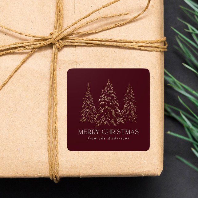 Sparkling Winter Pine Burgundy Merry Christmas Square Sticker (Creator Uploaded)