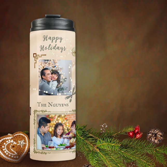 Sparkly 6 Photo Collage Gold & Peach Christmas  Thermal Tumbler (Creator Uploaded)