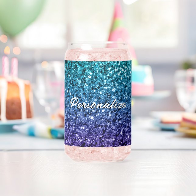 Sparkly aqua blue Ombre sparkles Custom text Can Glass (Insitu (Birthday))
