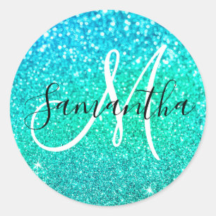 Sparkly Aqua Green Mermaid Faux Glitter Monogram Classic Round Sticker