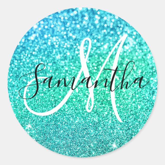 Sparkly Aqua Green Mermaid Faux Glitter Monogram Classic Round Sticker (Front)