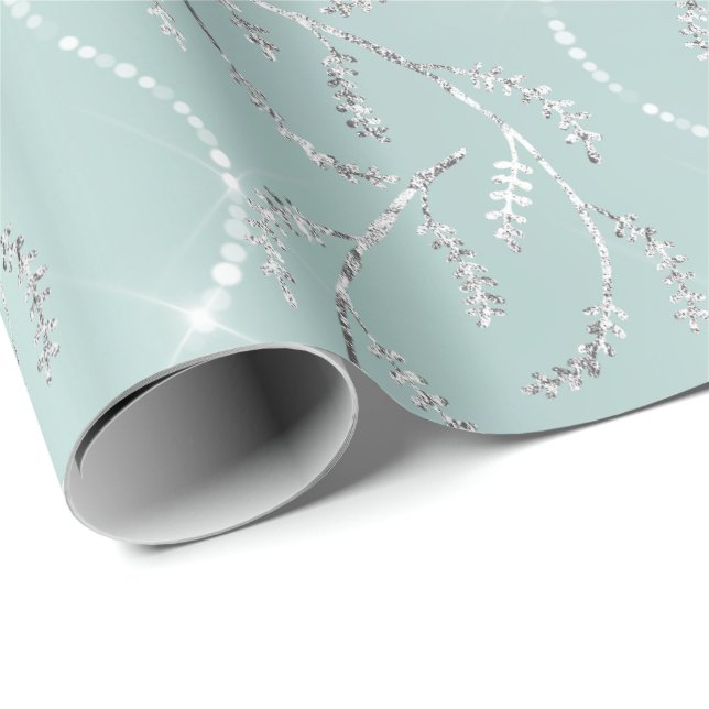 Sparkly Aqua Ocean Laurel Floral Silver Diamonds Wrapping Paper (Roll Corner)