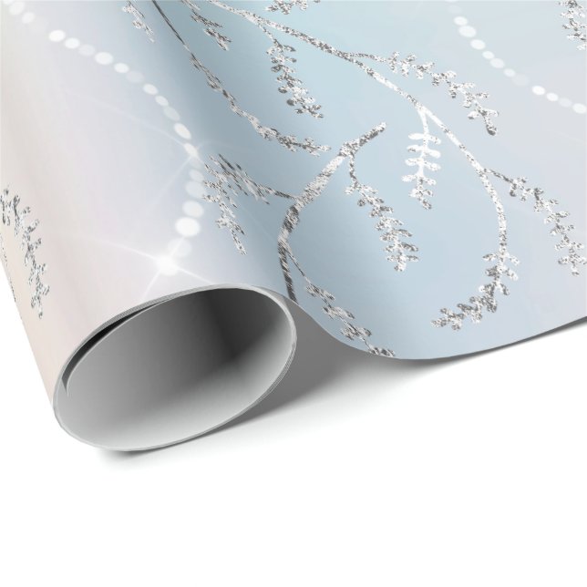 Sparkly Aqua Opal Laurel Floral Silver Diamonds Wrapping Paper (Roll Corner)