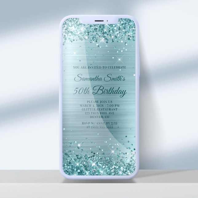 Sparkly Aqua Teal Glitter Blue Foil 50th Birthday Invitation (Creator Uploaded)