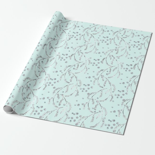 Sparkly Aquatic Pastel Laurel Silver Diamonds Wrapping Paper (Unrolled)
