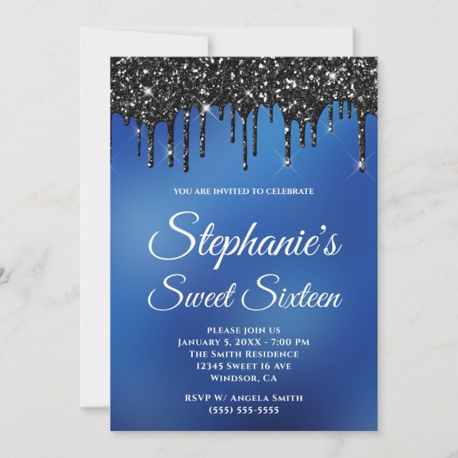 Sparkly Black Glitter Blue Ombre Sweet Sixteen Invitation (Front)