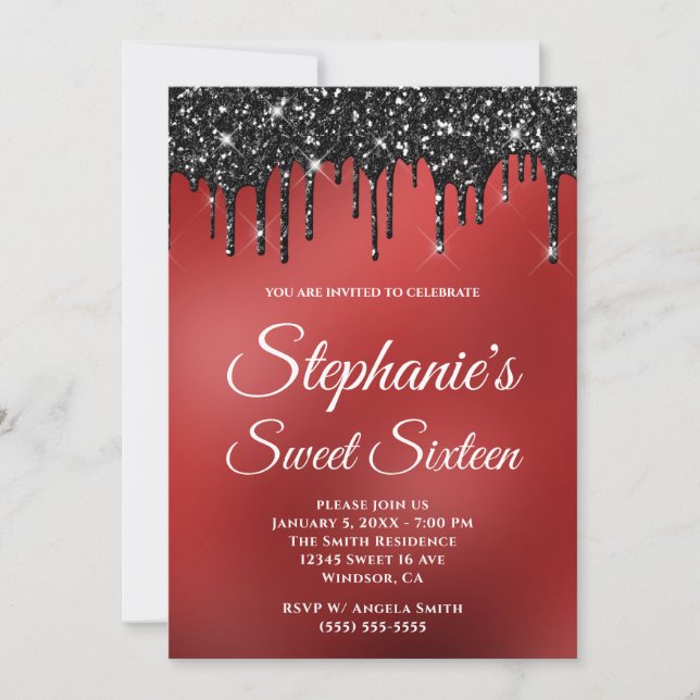 Sparkly Black Glitter Dark Red Gradient Sweet 16 Invitation (Front)