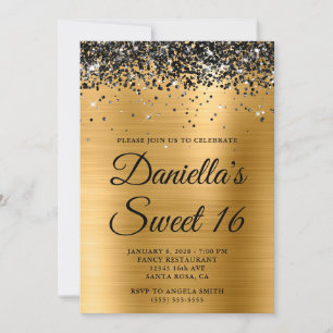 Sparkly Black Glitter Gold Foil Sweet 16 Invitation