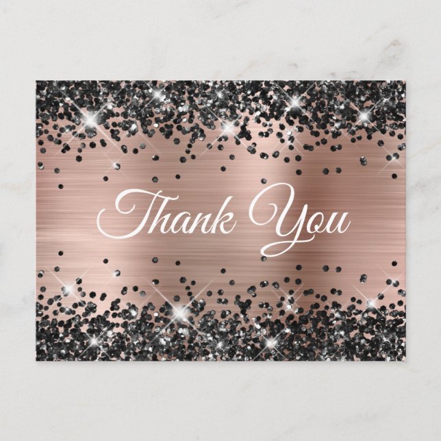 Sparkly Black Glitter Rose Gold Foil Thank You Postcard (Front)