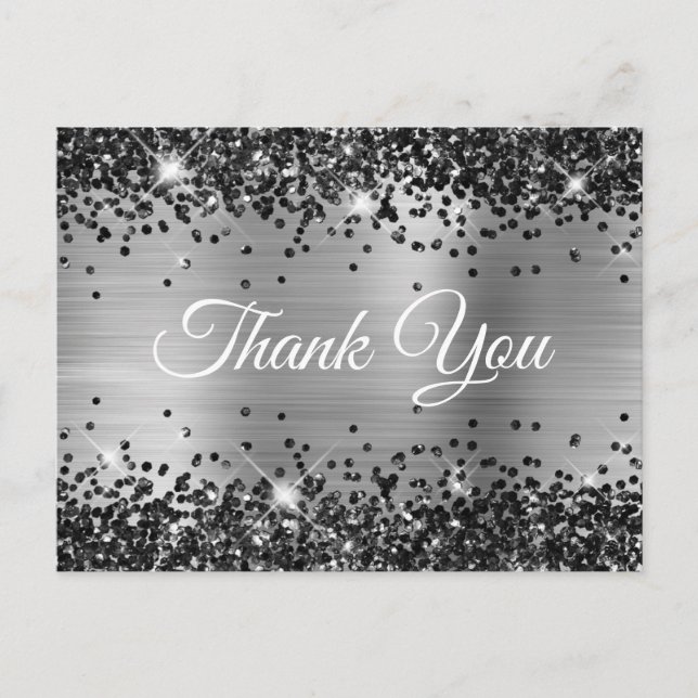 Sparkly Black Glitter Silver Foil Thank You Postcard (Front)