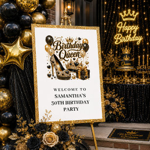 Sparkly Black Gold Birthday Queen Party Welcome Po Poster