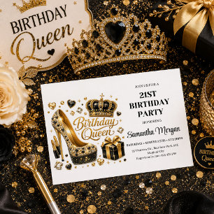 Sparkly Black Gold Confetti Birthday Queen Invites