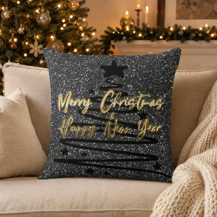Sparkly Black Gold Merry Christmas Happy New Year Cushion