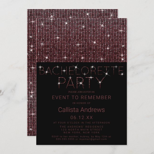 Sparkly Black Pink Glitter Sequins Bachelorette Invitation (Front/Back)