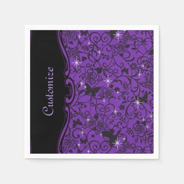 Sparkly Black & Purple Butterfly Floral Napkins (Front)