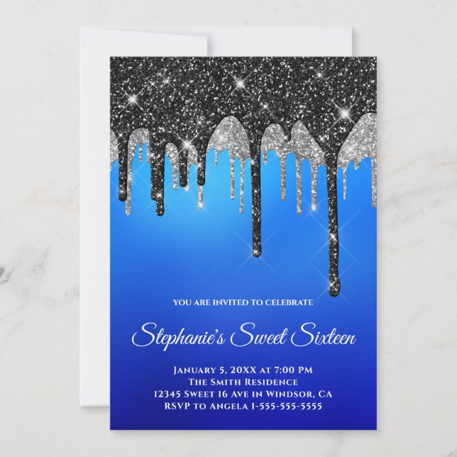 Sparkly Black Silver Glitter Blue Ombre Sweet 16 Invitation (Front)