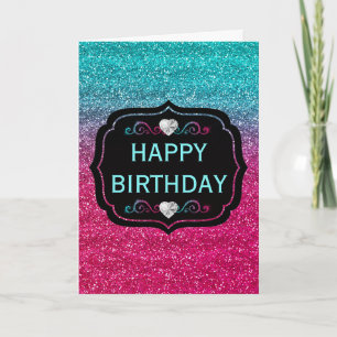 Sparkly Blue and Pink Gradient Glitter Birthday Card