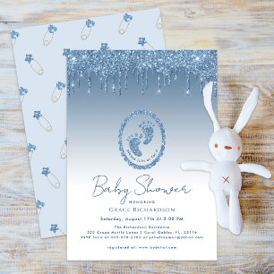 Sparkly Blue Baby Shower Feet Glitter Drips Invitation