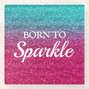 Sparkly Blue & Dark Pink Glitter Born to Sparkle Glass Coaster