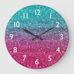 Sparkly Blue & Dark Pink Gradient Glitter Large Clock