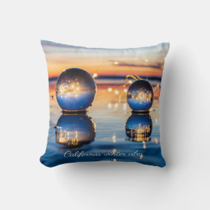 Sparkly Blue Orange Ocean Beach Sunset Lensball Cushion