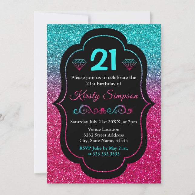 Sparkly Blue & Pink Gradient Glitter Birthday Invitation (Front)