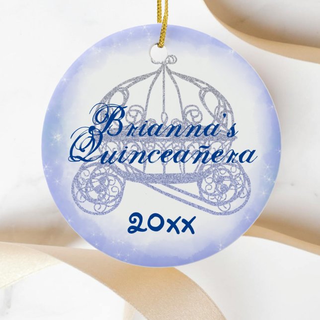 Sparkly Blue Princess Carriage Ceramic Ornament (personalized light dusty blue quinceanera christmas ornament princess gift horse carriage cute)