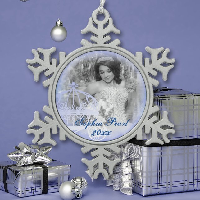 Sparkly Blue Princess Photo Ornament (light blue quinceanera snowflake photo ornament christmas keepsake dusty blue mis quince anos)