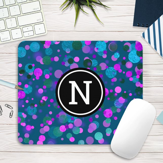 Sparkly blue purple confetti dots on teal monogram mouse pad (Creator Uploaded)