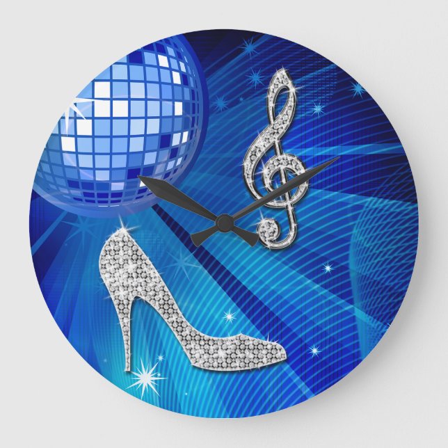 Sparkly Blue/silver Music Note & Stiletto Heel Large Clock (Front)