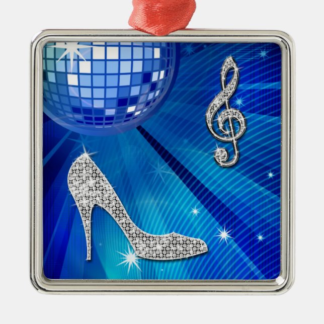 Sparkly Blue/silver Music Note & Stiletto Heel Metal Ornament (Front)