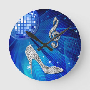 Sparkly Blue/silver Music Note & Stiletto Heel Round Clock