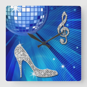 Sparkly Blue/silver Music Note & Stiletto Heel Square Wall Clock