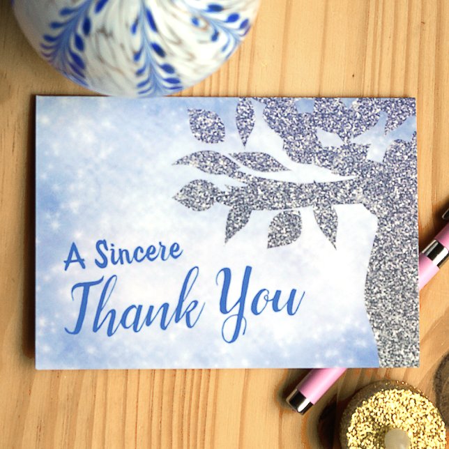 Sparkly Blue Sincere Thank You Card (Blue and silver glitter tree of life thank you card for bat mitzvah guests)