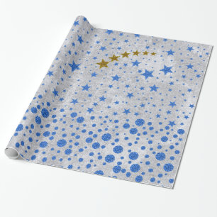 Sparkly blue stars on abstract silver paper