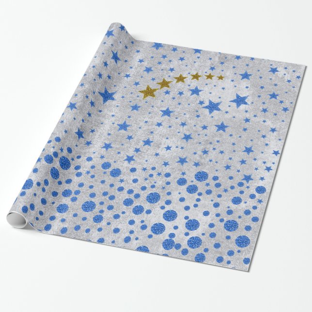 Sparkly blue stars on abstract silver paper (Unrolled)
