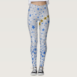 Sparkly blue stars on abstract silver paper leggings