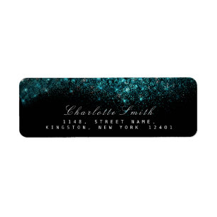 Sparkly Blue Turquoise Ocean Black Glitter  RSVP Return Address Label