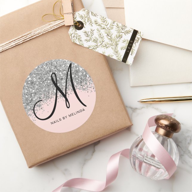 Sparkly Blush Pink Silver Confetti Glitter Busines Classic Round Sticker (Gifting)