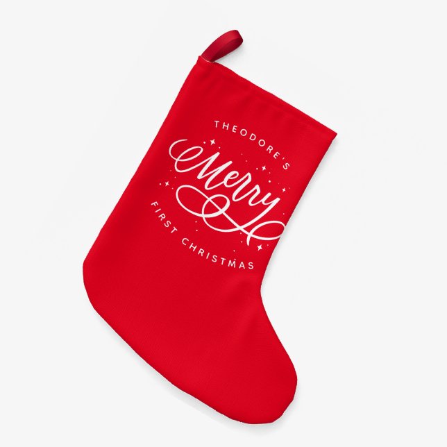 Sparkly Bubbly Script Merry Holiday Small Christmas Stocking (Front (Hanging))