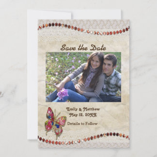 Sparkly Butterfly, Lace & Parchment Save The Date