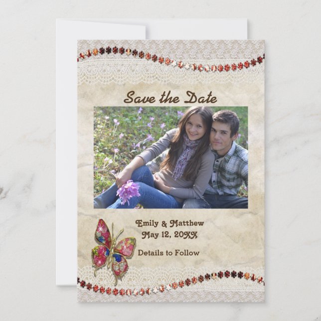 Sparkly Butterfly, Lace & Parchment Save the Date (Front)