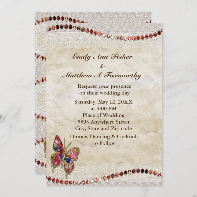 Sparkly Butterfly, Lace & Parchment Wedding Invitation (Front/Back)