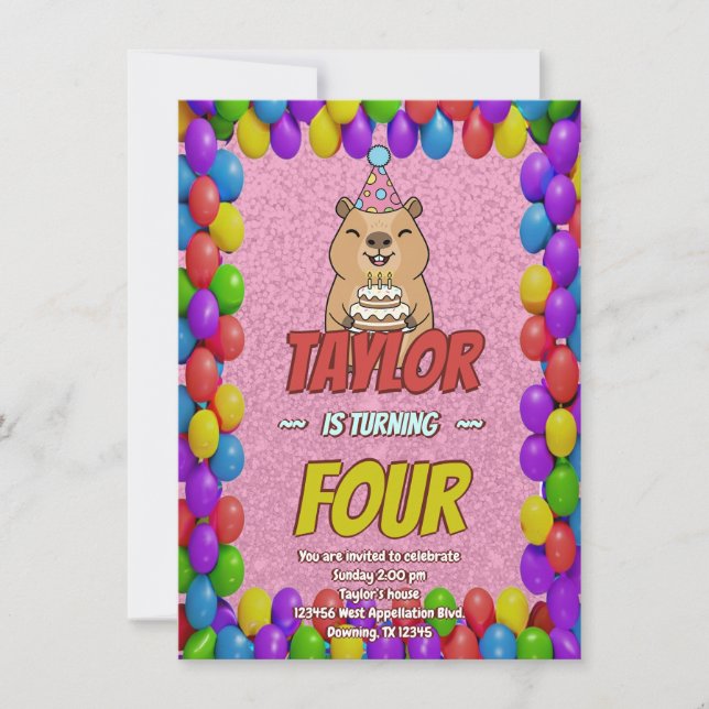 Sparkly Capybara Birthday Invite (Front)