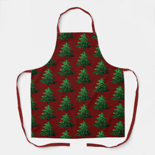 Sparkly Christmas tree green Dark red pattern Apron