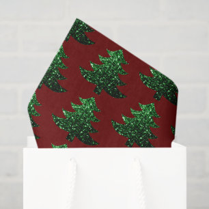 Sparkly Christmas tree green Dark red pattern Tissue Paper