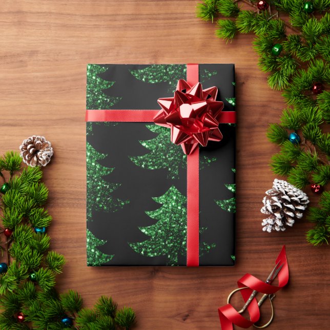 Sparkly Christmas tree green pattern black Wrapping Paper (Holiday Gift)