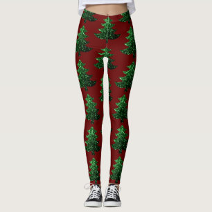 Sparkly Christmas tree green pattern dark red Leggings