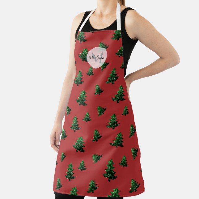 Sparkly Christmas tree green red pattern Monogram Apron (Insitu)